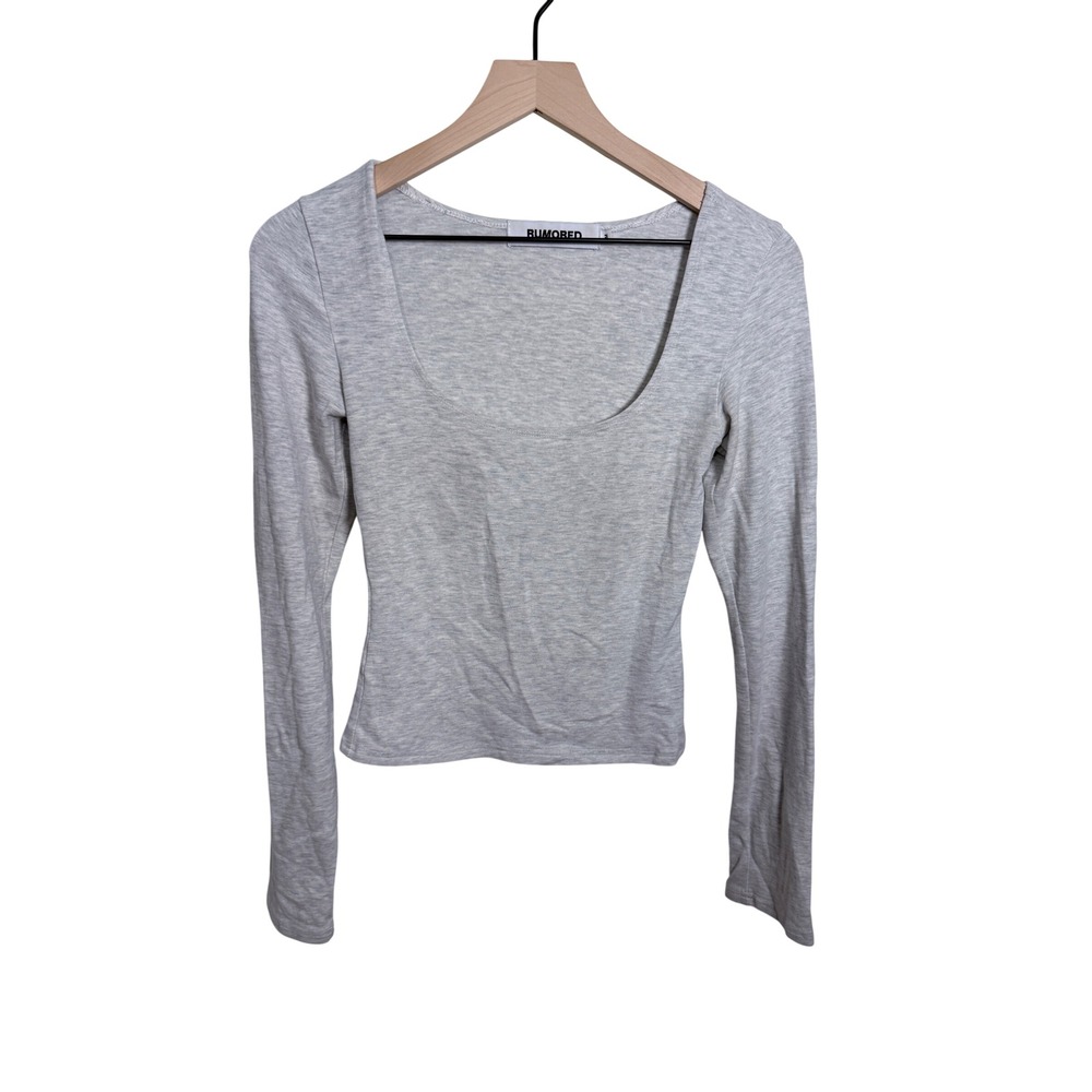 Rumored Womens Heather Grey Long Sleeve Deep Scoop Neck Jersey Knit Top Size M
